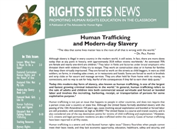 [ai] A newsletter titled 'Rights Sites News' displaying a green apple graphic, featuring an article on 'Human Trafficking and Modern-day Slavery'. The layout includes sections such as 'In This Issue' and highlights related topics.